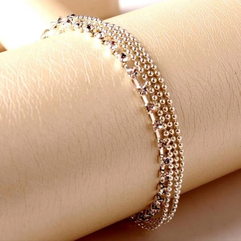 Silver Beaded Rhinestone Chain Tiers Tiered Layered Tennis Ankle Bracelet Anklet - Picture 8 of 16